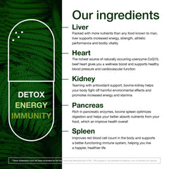 Beef organ supplement ingredients and nutrients label