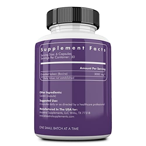 Grass-fed beef spleen supplement bottle with 180 capsules