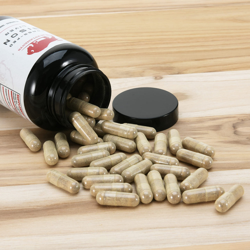 Complete product display of Grass Fed Bison Liver Capsules