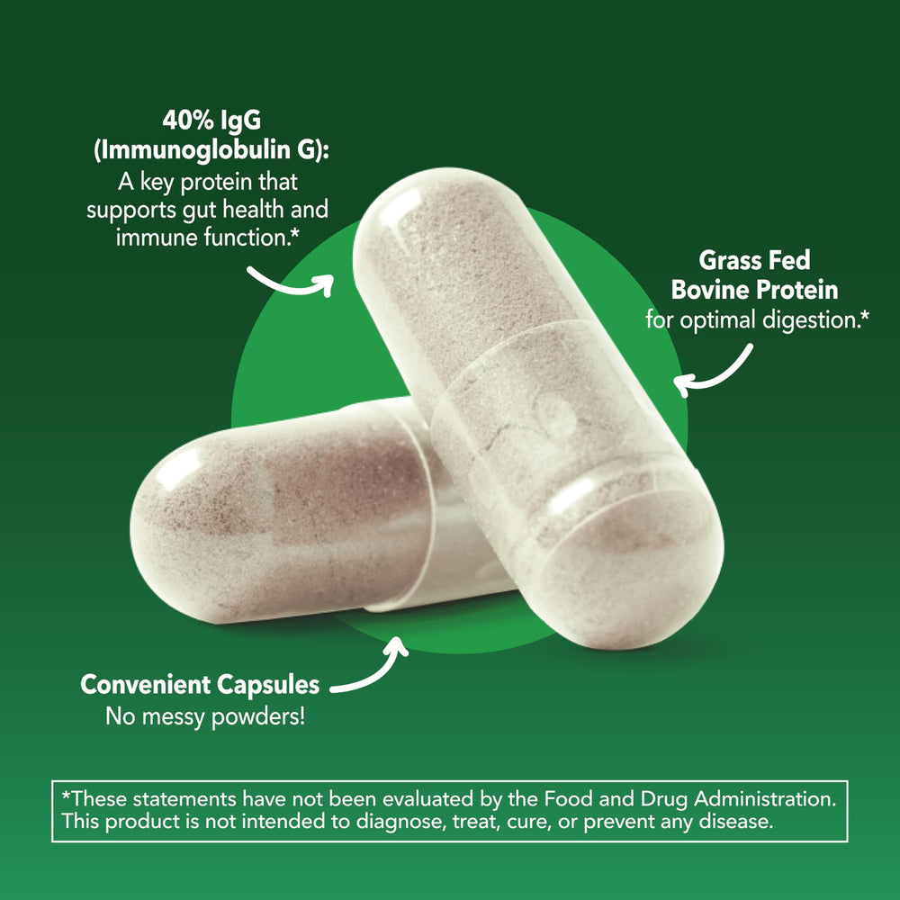 Bottle label highlighting 40% IgG and grass-fed source