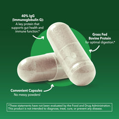 Bottle label highlighting 40% IgG and grass-fed source
