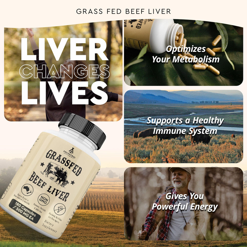 Grass-fed beef liver supplement label highlighting whole-food nutrition