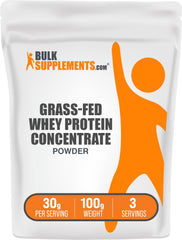 Grass Fed Whey Protein Powder container with scoop on white background