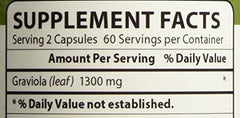 Product label showing Graviola 1300 mg per serving and serving size 2 capsules