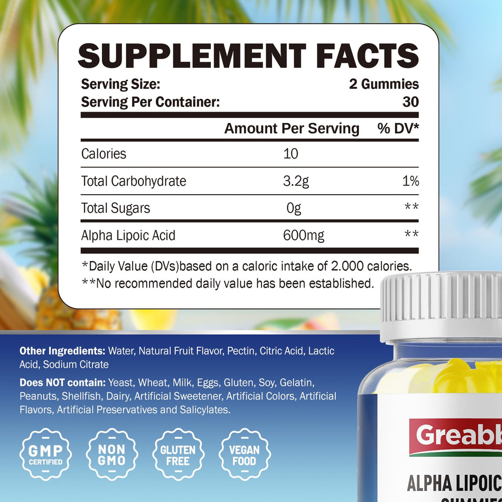 GREABBY Alpha Lipoic Acid 600mg Gummies bottle label with pineapple flavor