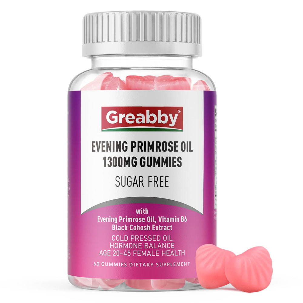 GREABBY Evening Primrose Oil Gummies bottle labeled 1300mg per 2 gummies