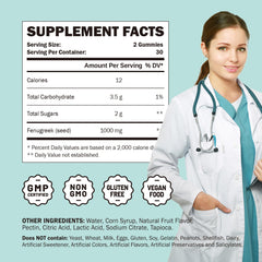 Front view of GREABBY Fenugreek Gummies bottle indicating 60 gummies per bottle