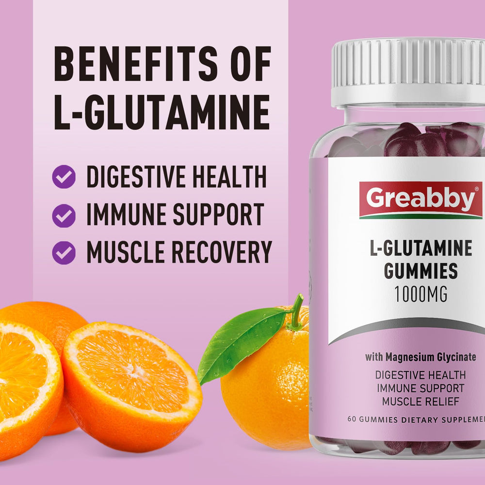 Assorted berry-flavored L-glutamine gummies on white