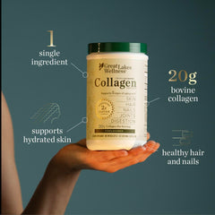 Great Lakes Wellness collagen powder close-up texture showcasing premium hydrolyzed collagen types I and III