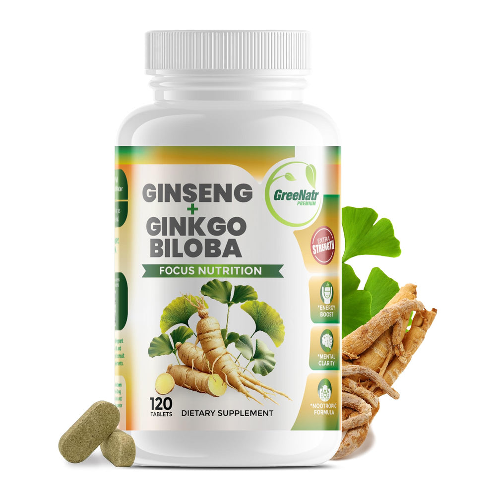 Front bottle of GreeNatr Ginko Biloba & Panax Ginseng Supplement