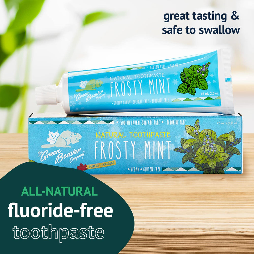 Close-up of Frosty Mint Green Beaver toothpaste tubes in a 3-pack