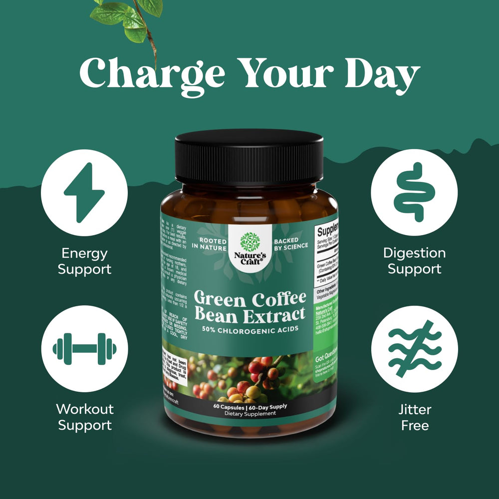 Green coffee bean powder capsules on white background