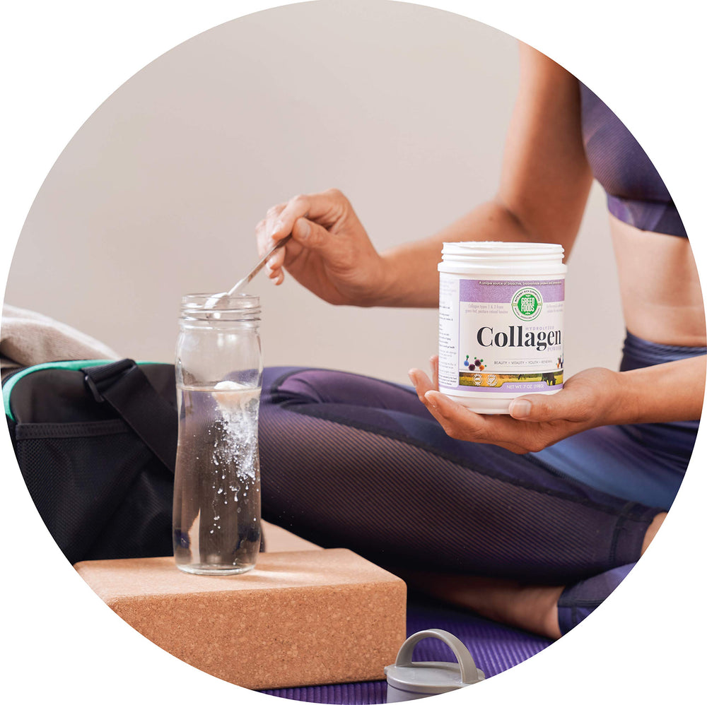 Side view of Green Foods collagen canister on countertop