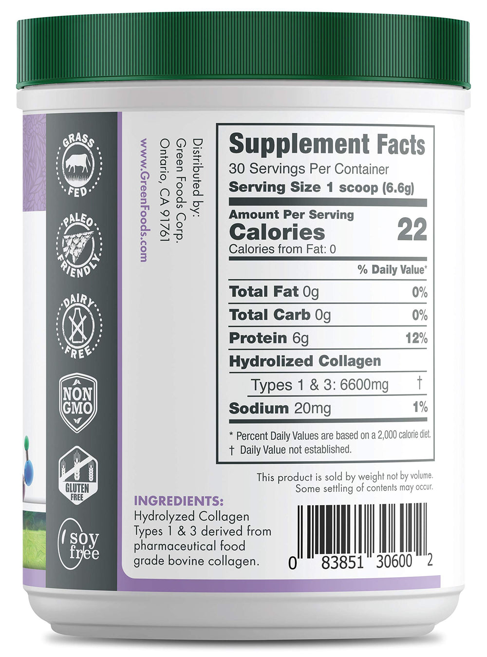 Label highlighting grass-fed and pasture-raised source on Green Foods collagen