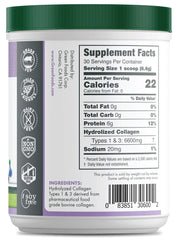 Label highlighting grass-fed and pasture-raised source on Green Foods collagen
