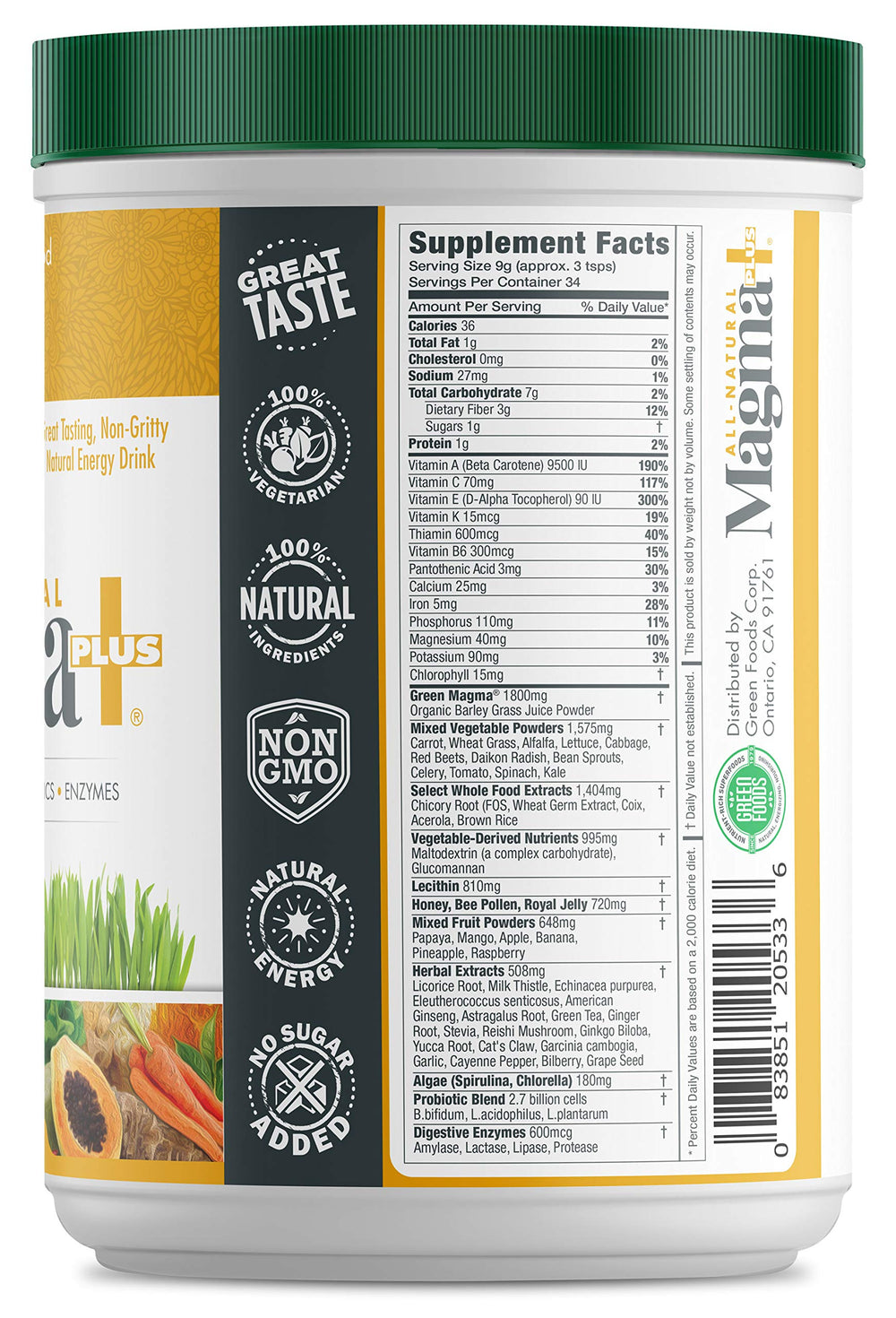 Green Foods Magma Plus Powder ingredients and nutrition facts panel