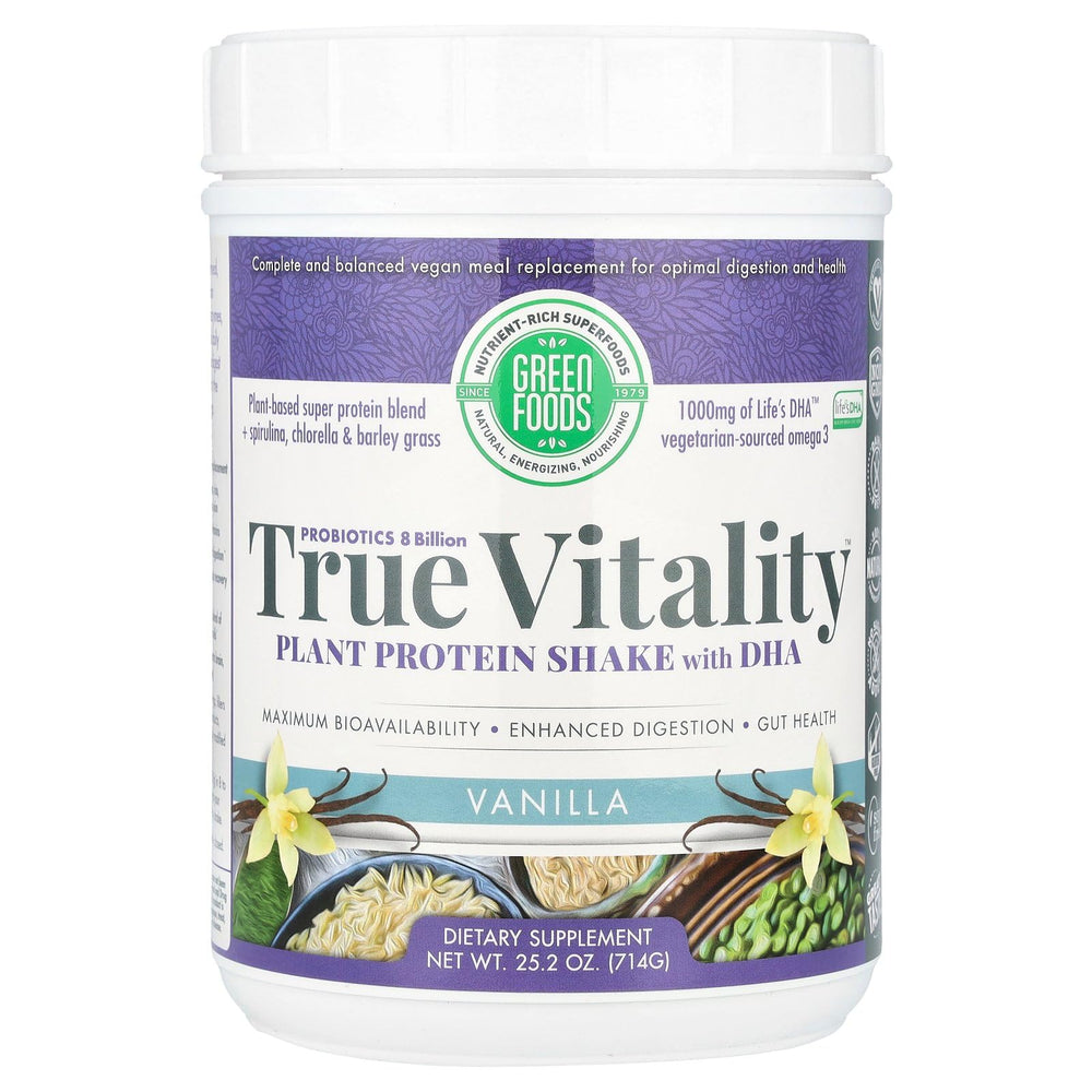 Green Foods True Vitality Plant Protein Shake with DHA, Vanilla flavor, 25.2 oz bottle