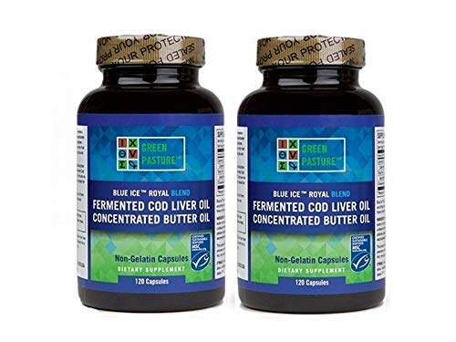 Bottle of Green Pasture Blue Ice Royal Butter Oil Fermented Cod Liver Oil Blend 240 capsules