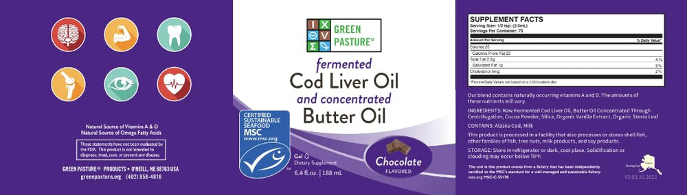 Chocolate-flavored Green Pasture blend displayed with packaging