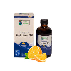 Green Pasture Fermented Cod Liver Oil Liquid bottle with orange label, 6 fl oz