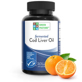 Front view of Green Pasture Fermented Cod Liver Oil Orange Flavor 120 Caps bottle