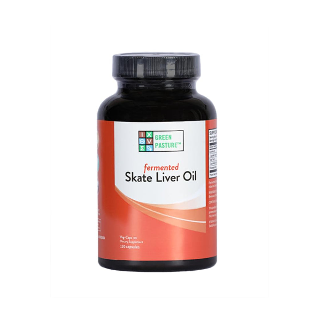 Green Pasture Fermented Skate Liver Oil 120 Capsules bottle on white background