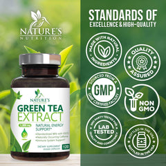 Supplement facts panel showing 2 capsules per serving: 1000 mg Green Tea 98% Extract