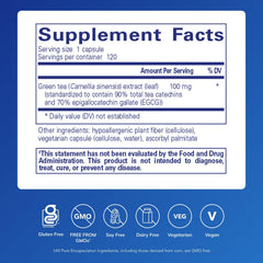 Close-up of bottle label highlighting decaffeinated green tea extract