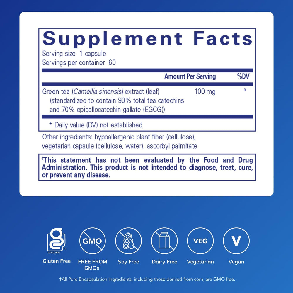 Close-up of product label showing EGCG content and decaffeinated formula