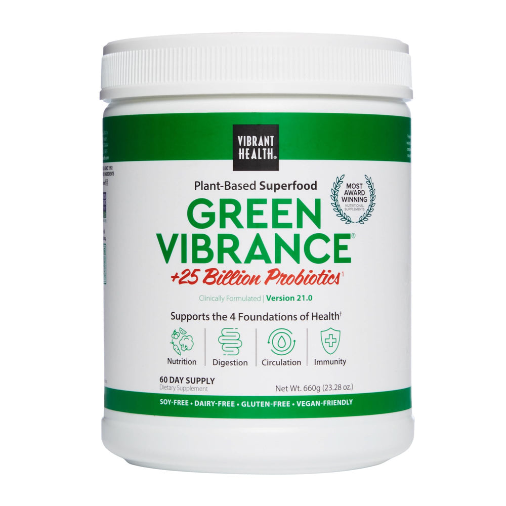Green Vibrance vegan superfood powder scoop with greens