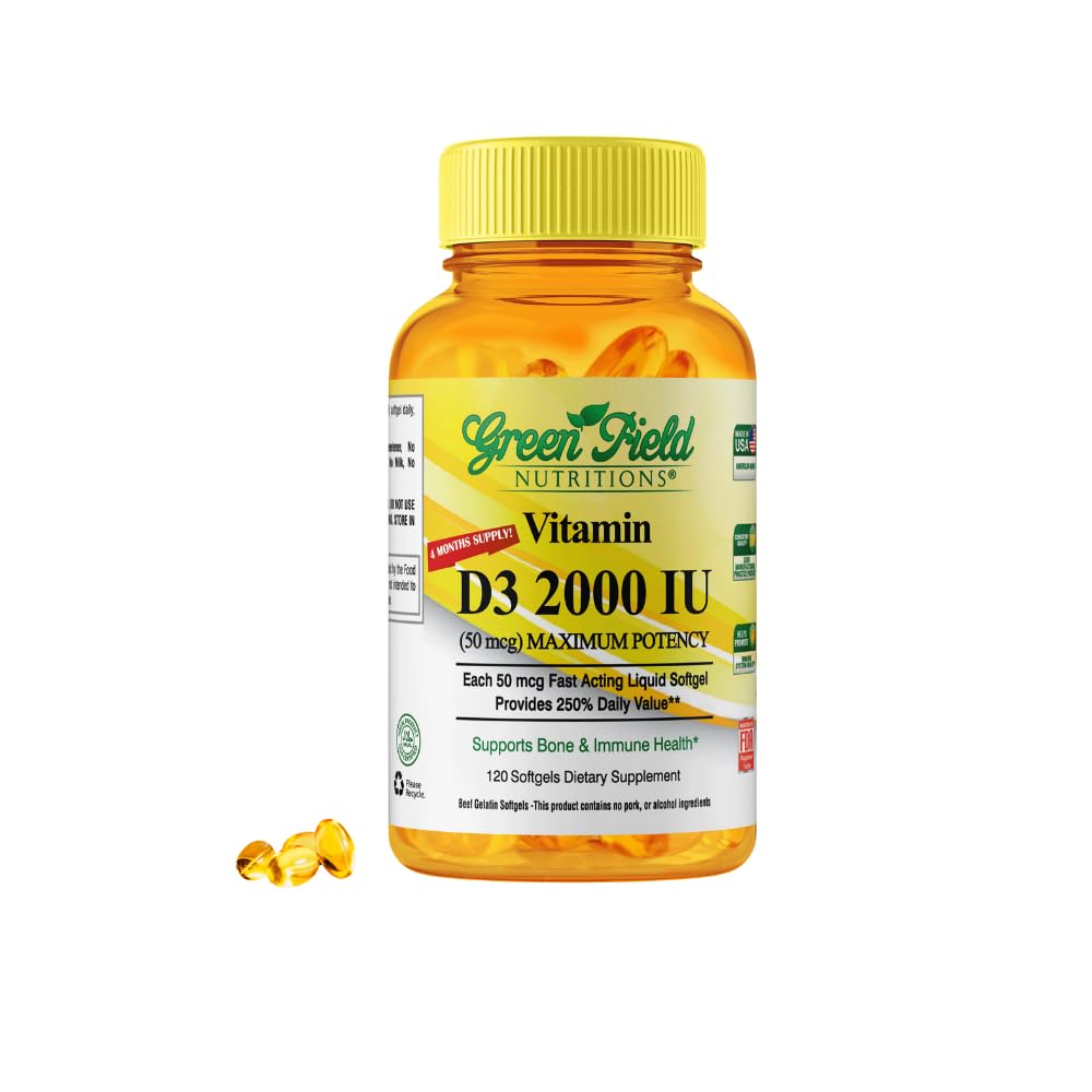 Front view of Greenfield Nutritions Halal Vitamin D3 2000 IU Softgel bottle