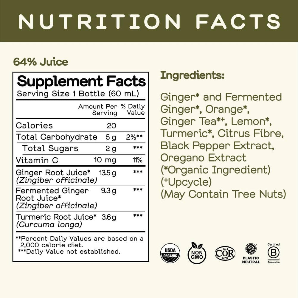 Single 60ml glass bottle of Fiery Ginger Wellness Shot