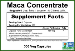 Close-up of GreenPacks Maca Root Concentrate label featuring 6:1 gelatinized concentrate