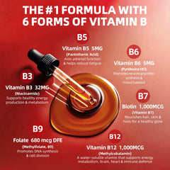 Close-up of dropper dispensing methylated B12 and 5-MTHF