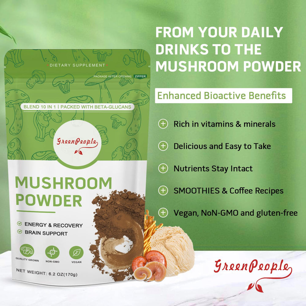 Mushroom blend ingredients including Lion's Mane, Reishi, and Cordyceps