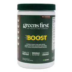 Greens First Boost Dutch Chocolate tub highlights vegan protein for post-workout recovery.