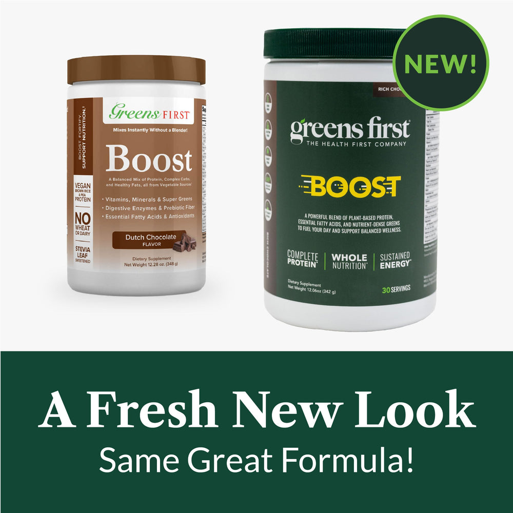 Greens First Boost packaging shows nutrition label and complete nutrient profile.