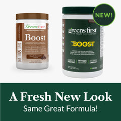Greens First Boost packaging shows nutrition label and complete nutrient profile.