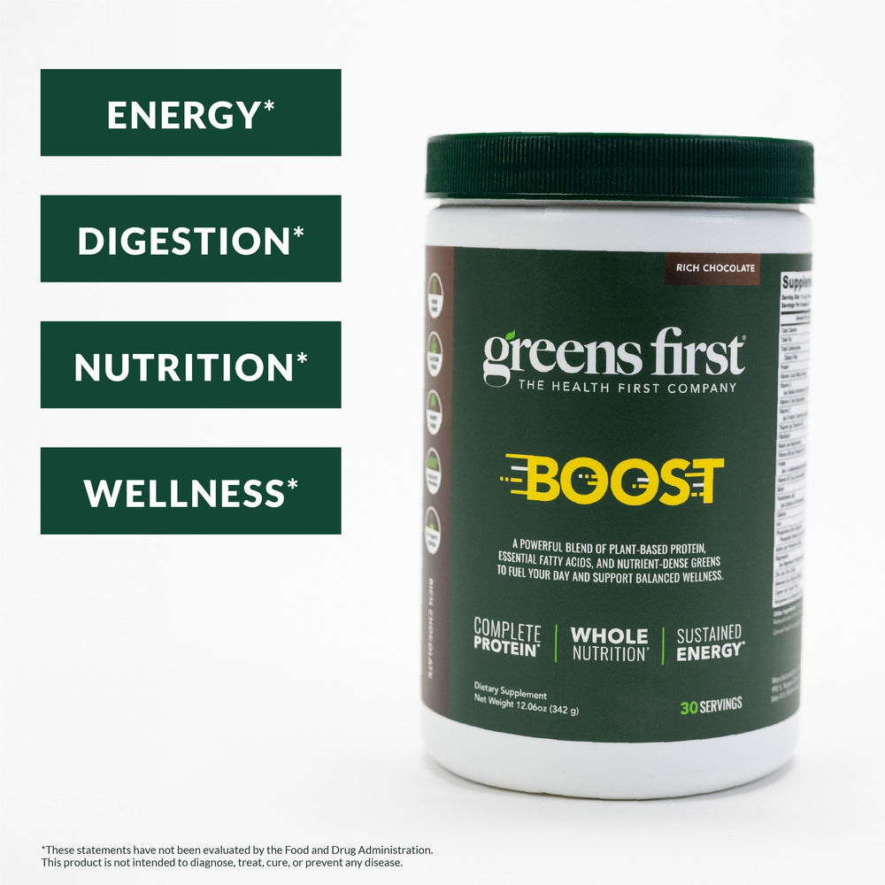 Greens First Boost powder scoop shows plant-based protein for balanced daily nutrition.