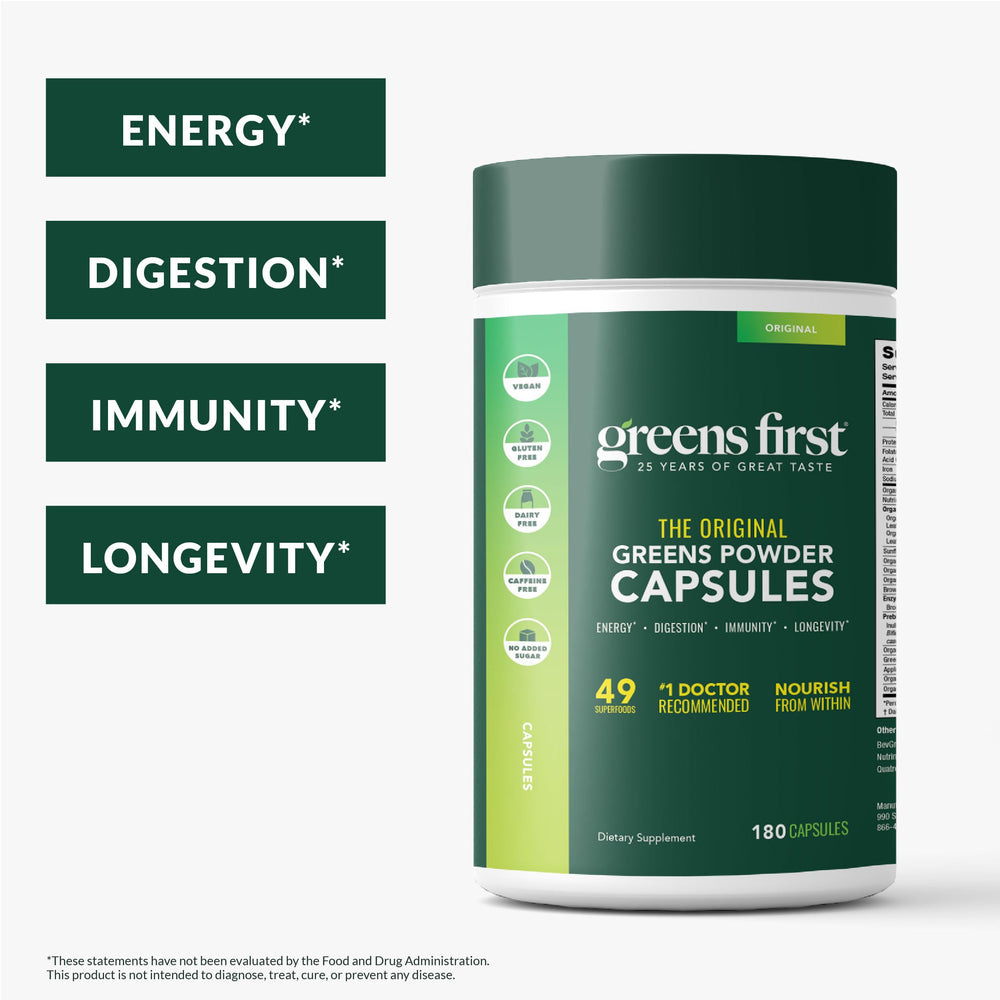Close-up of Greens First PRO Phytonutrient Capsules capsules