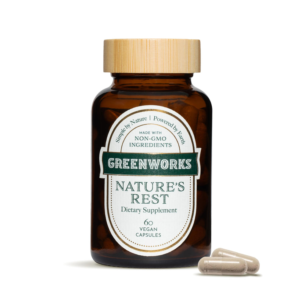 Greenworks Nature's Rest bottle with label on a neutral background