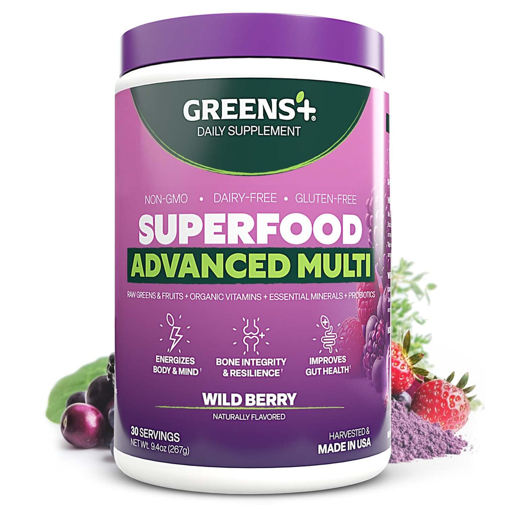 Greens+ Advanced Multi Wild Berry Powder canister front view