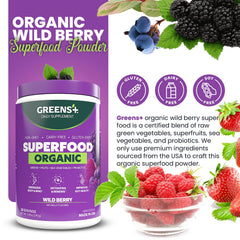 Close-up of premium organic ingredients in Greens+ Wild Berry Superfood