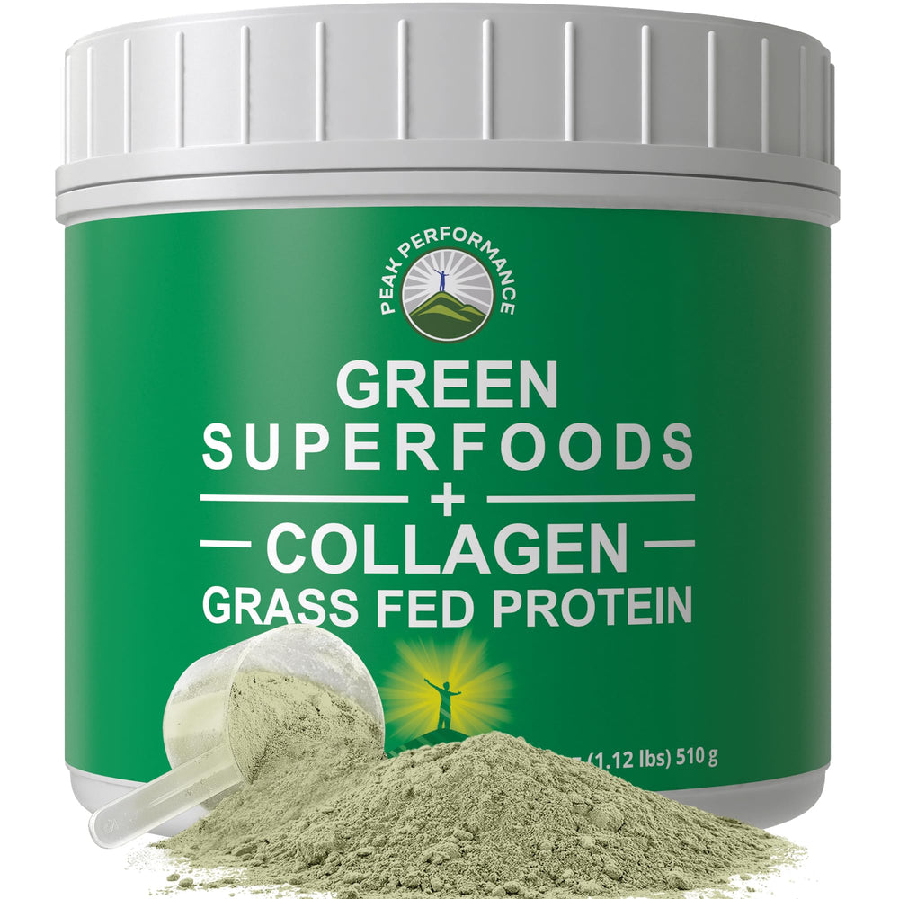 Front view of Greens Superfood + Grass Fed Collagen Powder tub