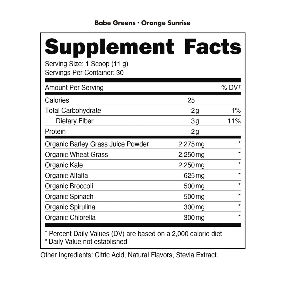 Eight essential greens ingredients graphic for Orange Sunrise
