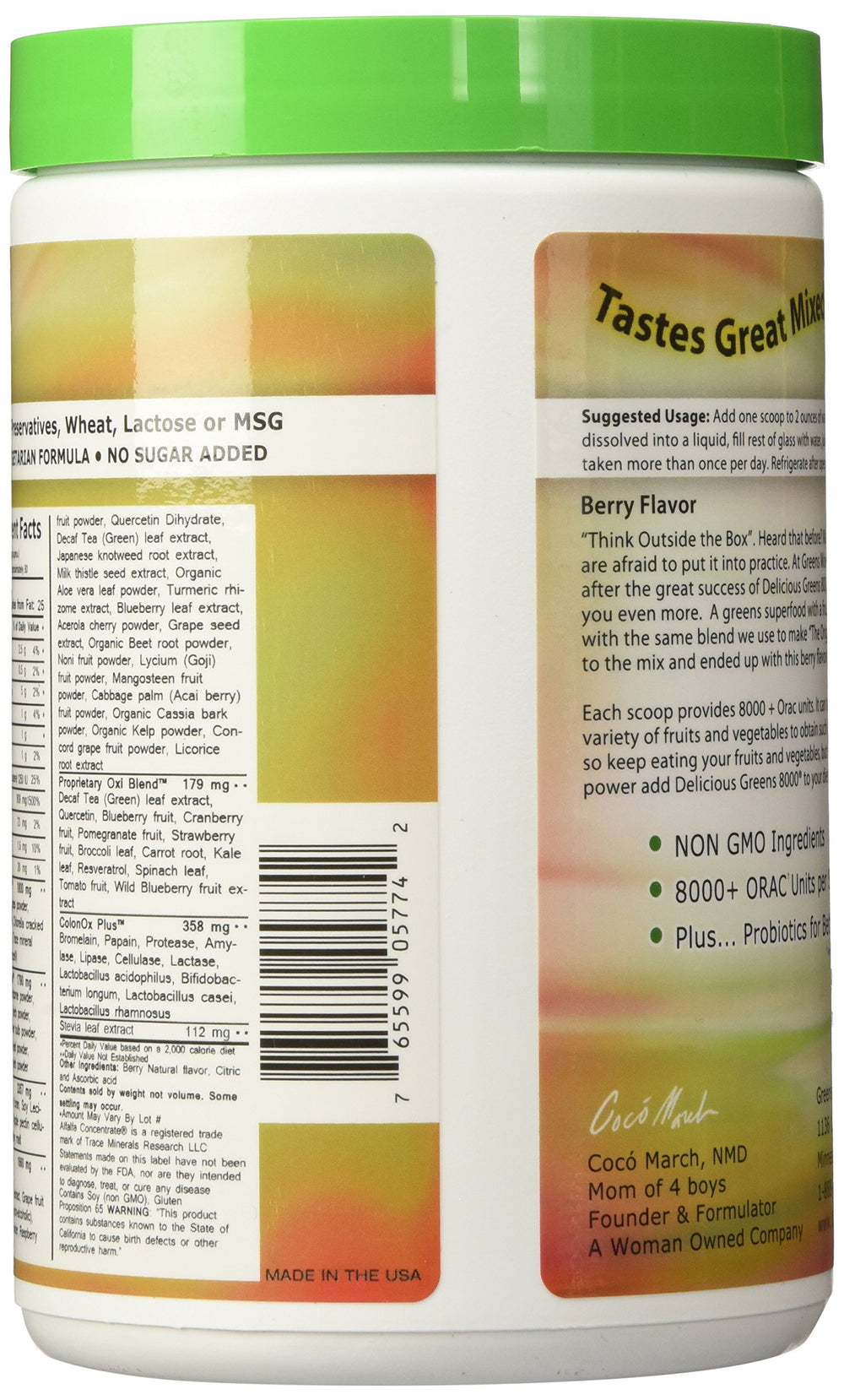Close-up of ingredients label on Greens World 8000 Berry