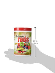 Ingredient blend and greens imagery for Greens World Delicious Reds 8000 Strawberry-Kiwi