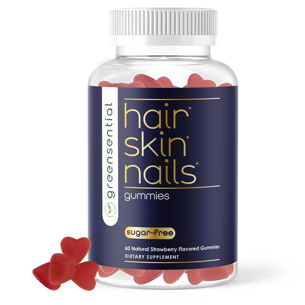Bottle of Greensential Sugar-Free Hair, Skin & Nails Gummies on countertop