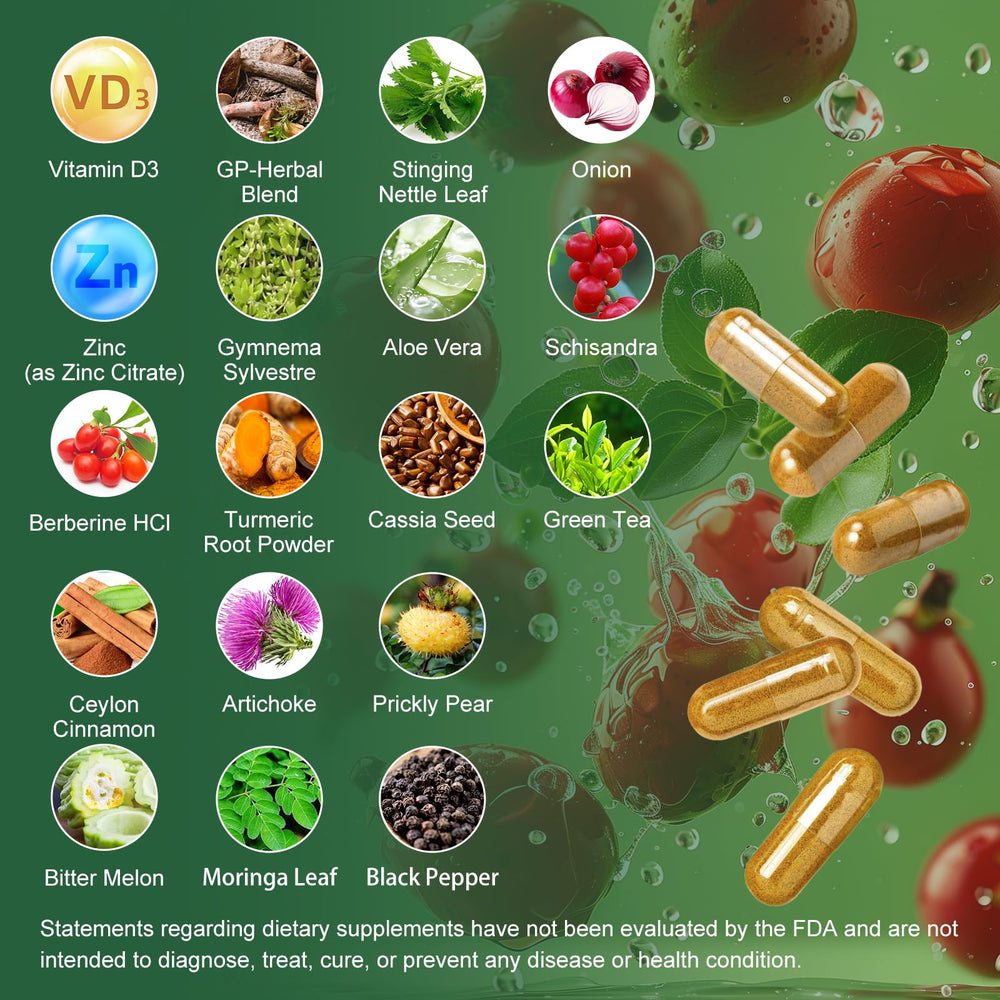 Bitter melon, artichoke, and green tea extracts with supplement imagery