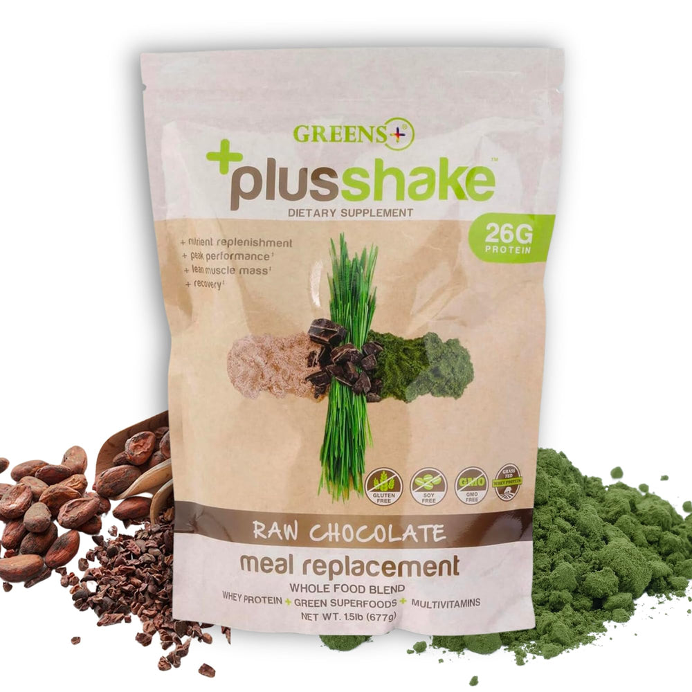 Greens+ PlusShake bottle label closeup highlights chocolate flavor and protein strength for active lifestyles.